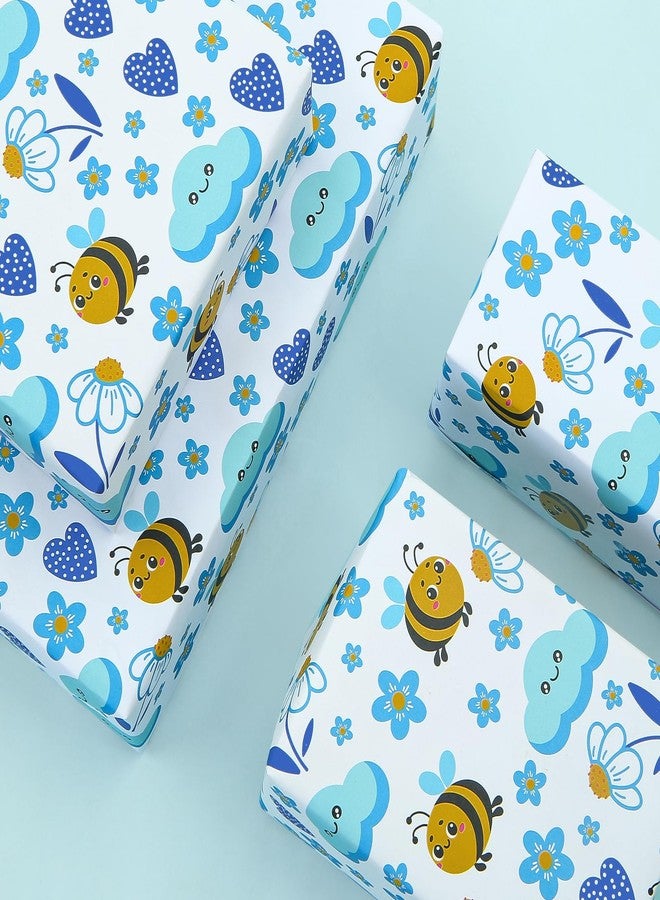 Boerni Bee Gift Wrapping Paper for Kids Girls Boys, Lovely Blue Designs Flowers Cloud Heart Bee Patterns, Spring Summer BumbleBee Folded Flat Gift Wrap Paper for Baby Shower Birthday Holiday Art Paper - Image 5